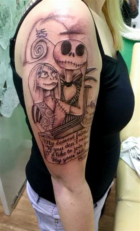 Giant jack skellington and sally in love cartoon couple side colored tattoo with halloween pumpkins. Jack and Sally Half Sleeve Tattoo by kimberleywarrentatto ...