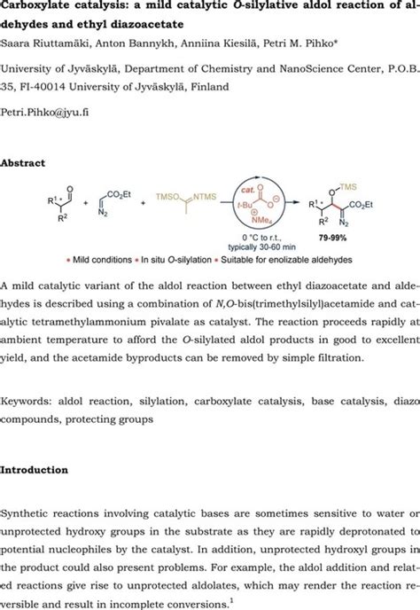 Carboxylate Catalysis A Mild Catalytic O Silylative Aldol Reaction Of