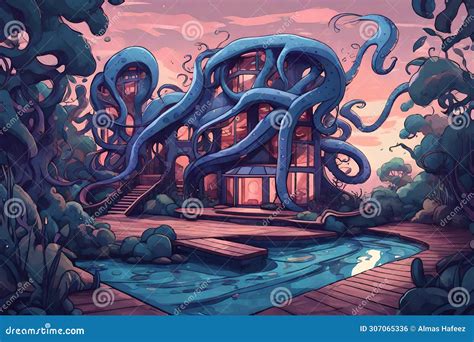 Tentacle Art House: a Terrifying 3D Rendered Illustration of an Octopus