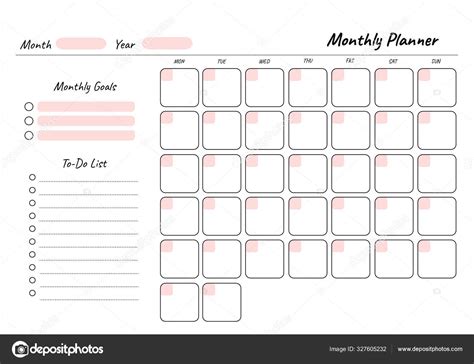 Monthly Planner Printable Template Vector Blank White Notebook Page A4