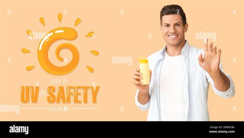 Young Man Applying Sunscreen Cream Against Color Background Banner For