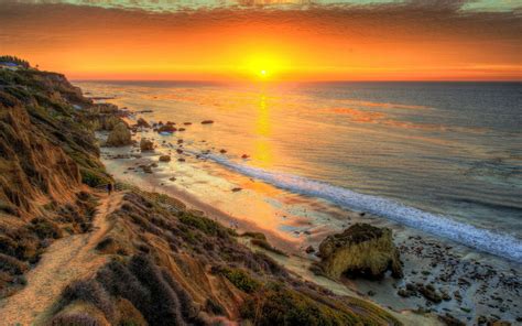 Sunset Sun Red Orange Sky Marine Coast Beach Rock Ocean Waves Horizon Beautiful Wallpaper Hd