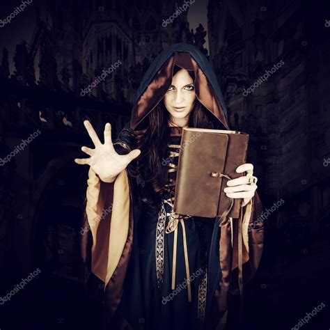 Halloween Witch Holding Magical Book Of Spells Making Magic — Stock