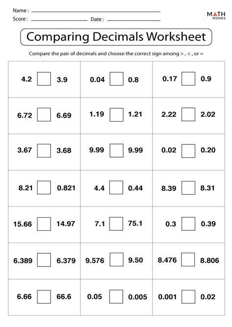 Comparing Decimal Numbers Worksheet