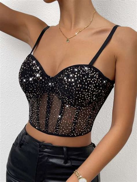 Shein Bae Sequin Mesh Bustier Crop Cami Top Shein Uk