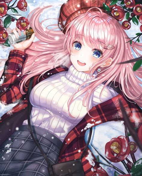 Wallpaper Anime Girl Pink Hair Sweater Smiling Blue
