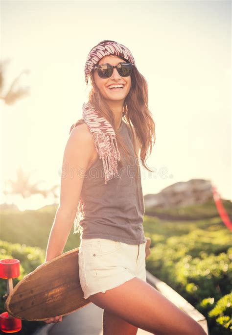 Beautiful Young Woman With A Skateboard Stock Photo Image Of