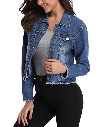 Miss Moly Womens Cropped Denim Jacket Frayed Washed Button Up Casual Jean Jacket Vest W 2 Side