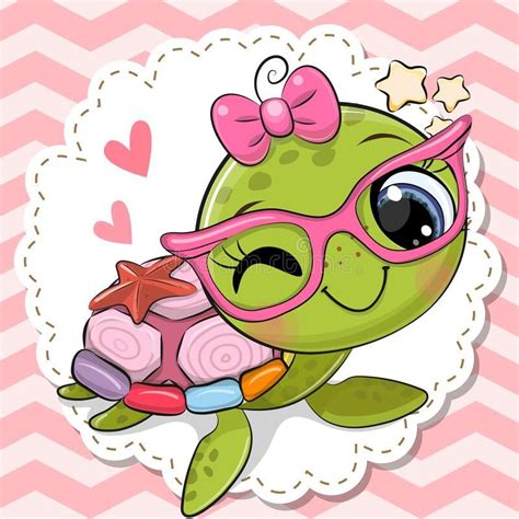 Cartoon Turtle Girl In Pink Eyeglasses With A Bow Cute Cartoon Turtle
