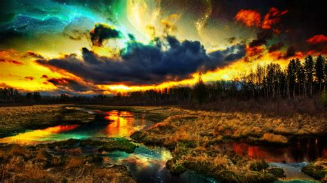 Digital Art Nature River Clouds Stars Forest Colorful Landscape Wallpapers Hd Desktop
