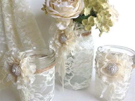 3 Piece Lace Covered Mason Jars With Adorable Lace By Pinkyjubb Mason