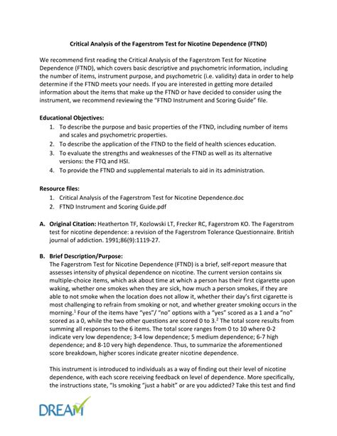The fagerstrom test is a six question self report test that is often used to assess the severity of a person's dependence. (PDF) Critical Synthesis Package: Fagerstrom Test for ...