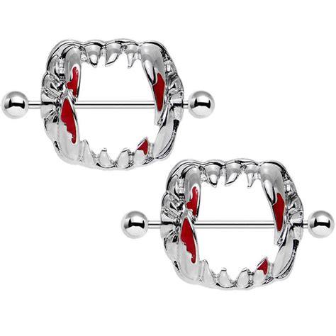 14 Gauge 1 18 Steel Dripping Red Vampire Fangs Barbell Nipple Shield