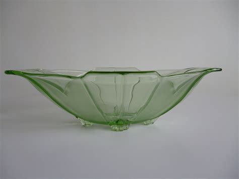 art deco clear and frosted green glass fruit bowl