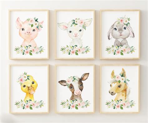 Pink Floral Farm Animal Prints Nursery Wall Decor Watercolor | Etsy in