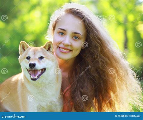 Summer Portrait Happy Lovely Girl And Dog Stock Image Image Of
