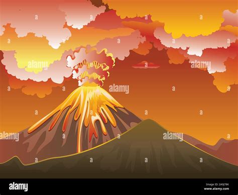 Illustration Of Cartoon Volcano Eruption With Hot Lava Stock Vector