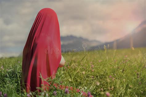 Naked Female In A Red Scarf In A Field At Sunset Stock Image Image Of