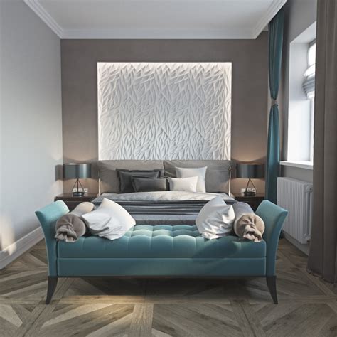 Let color, form, space, texture, pattern, line, and light be your guide through the world of interior design. Bedroom with elements "art nouveau" design and visualization