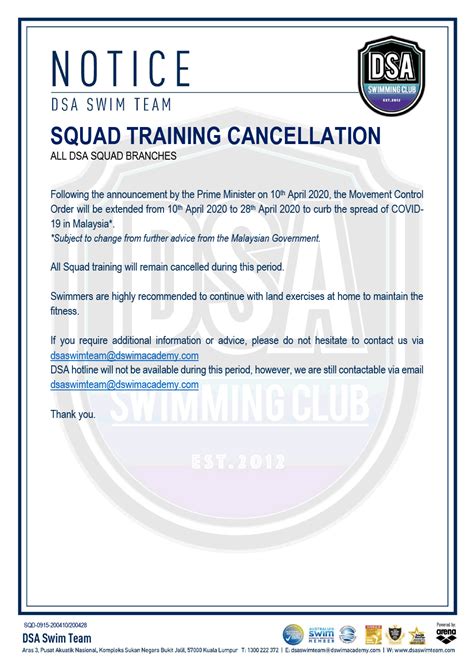 Squad Training Cancellation Dsa Swim Team D Swim Academy
