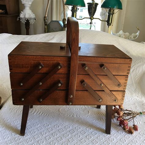 Vintage Wood Sewing Cabinet Box With Top Handle And Four Legs Etsy