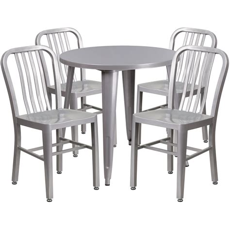 30 Round Silver Metal Indoor Outdoor Table Set With 4 Vertical Slat