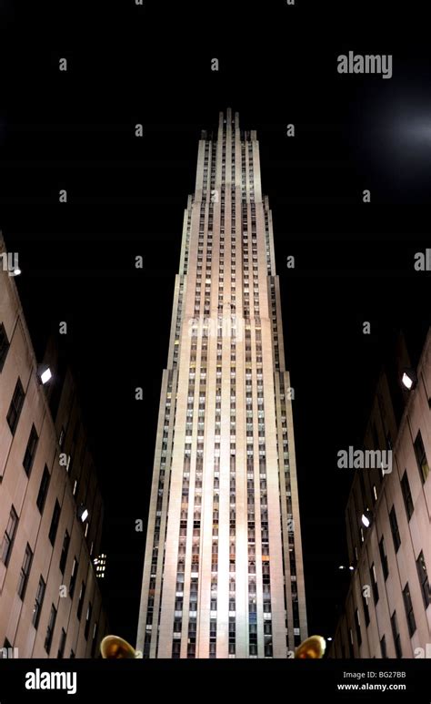 The Exterior Of The Rockefeller Centre Lit Up At Night In New York Usa