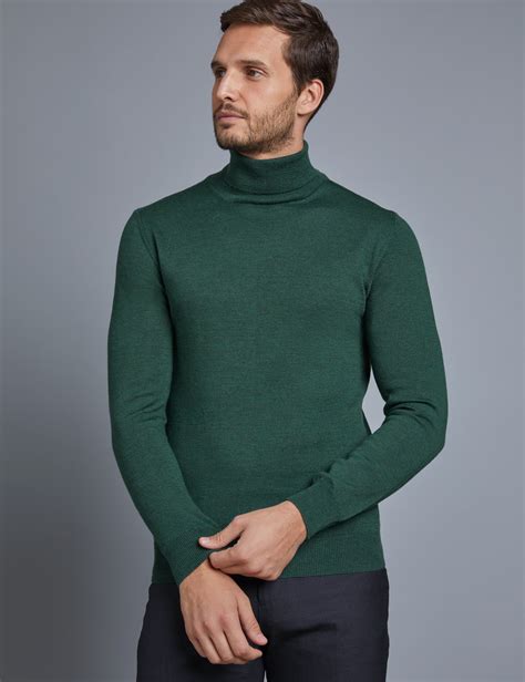 Men S Green Roll Neck Merino Wool Jumper Slim Fit Hawes And Curtis