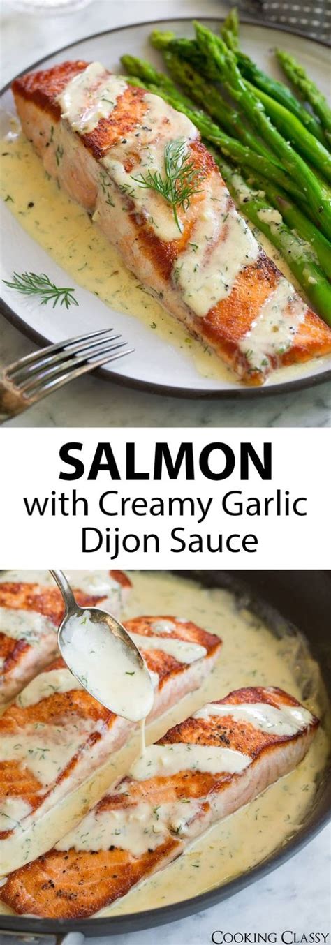 I found this salmon with creamy garlic dijon sauce recipe from cooking classy's food blog. Salmon with Creamy Garlic Dijon Sauce | Recipes, Salmon ...