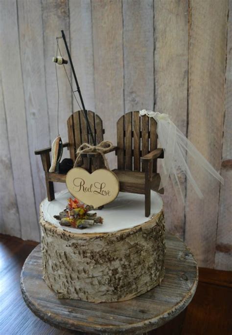 Fishing Camping Themed Wedding Cake Topper Fishing Pole Camp Fire