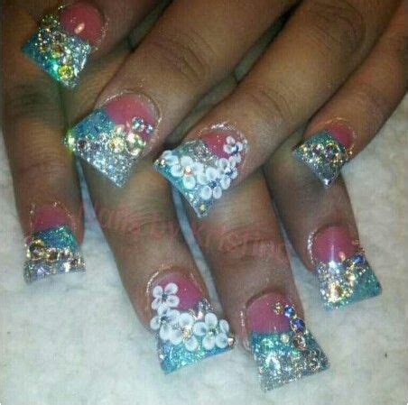 It's a cute and fun look for the spring and. Blue Acrylic nails with white flowers | Blue acrylic nails ...