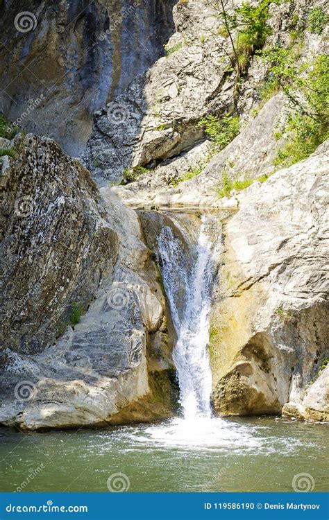 Landscape Of Mountain Waterfall In Sunny Weather 2 Stock Photo Image