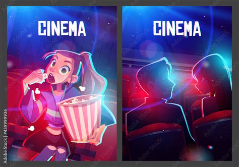 cinema posters with audience in movie theater hall girl with popcorn and couple watching film