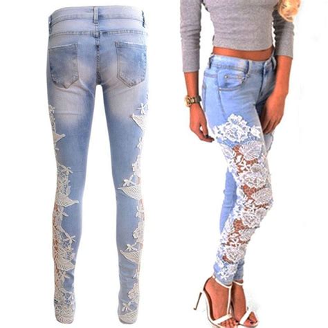 Women Jeans Patchwork Floral Hollow Out Skinny Jeans Lace Crochet