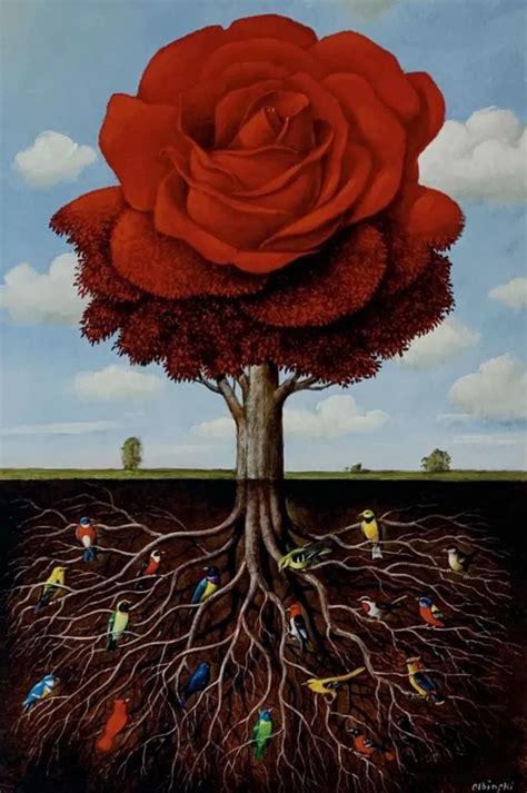 A Painting Of A Tree With Red Flowers And People In The Roots All