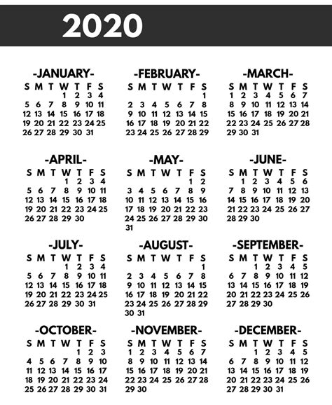 Take Year At A Glance Calendar For Printing 2020 Calendar Printables