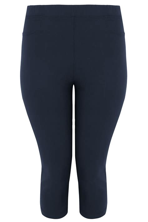 Navy Pull On Stretch Cropped Trousers Plus Size 16 To 36