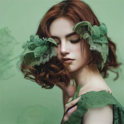 Auburn Wavy Haired Woman In Sheer Sage Green Lace Midjourney Openart