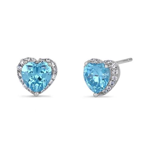 Sterling Silver Heart Shape Blue Topaz Cz Earrings In Sterling