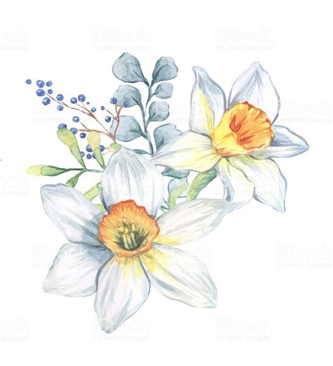 Watercolor Painting Of White And Yellow Flowers With Blue Berries