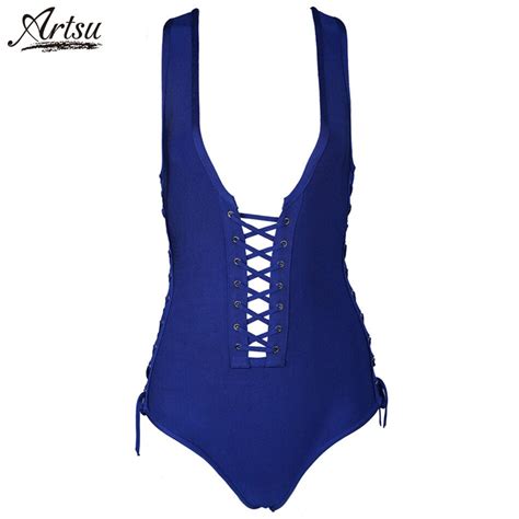 Artsu 2018 Summer Lace Up Hollow Out Sexy Bandage Bodysuits Women Deep V Neck Skinny Bodysuit