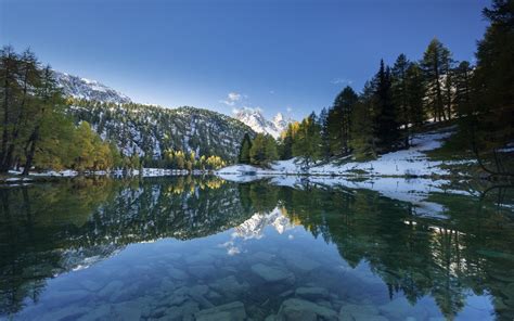 Nature Landscape Lake Snow Forest Mountain Reflection Alps Snowy Peak Trees Water Calm Wallpaper