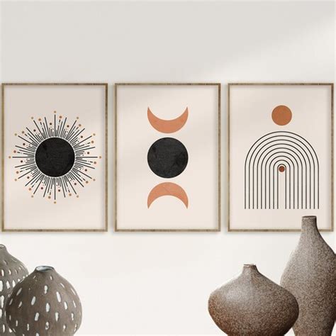 Mid Century Modern Art Print Set Of 3 Neutral Geometric Wall Etsy