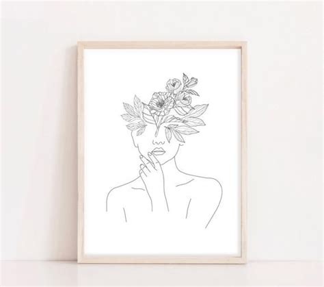 Great decor for any home. Line Art Woman With Flowers Head Of Flowers Art Print ...