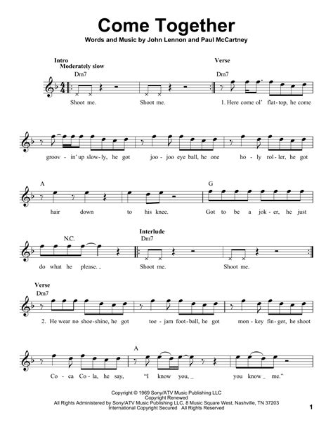 The Beatles Come Together Sheet Music Leadsheet In D