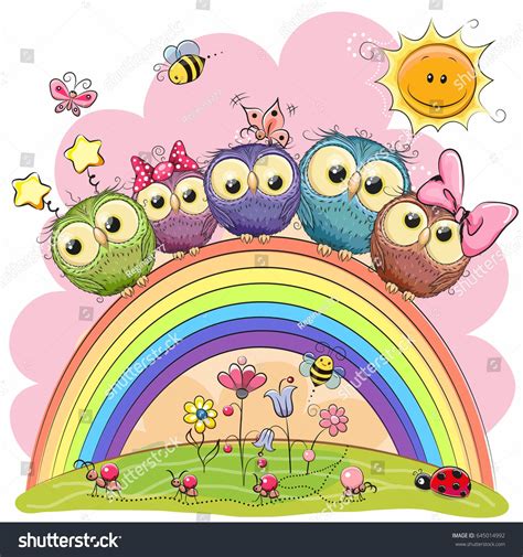 Five Cute Owls Is Sitting On A Rainbow Cute Owl Owl Clip Art Owl