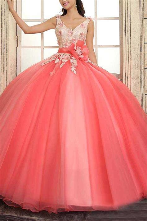 Vestidos largos de vestir o de diario. Coral V Neck Quinceanera for 15 years of debutante ...