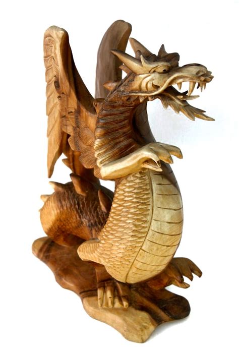 Large Hand Carved Wooden Dragon Statue Length 20 Natural Etsy