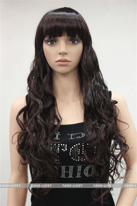Popular Heat Resistant Hair Excellent Black Dark Auburn Mixed Long Wavy Women Wig Bangs