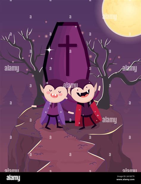 Two Dracula Costume Coffin Halloween Image Vector Illustration Stock